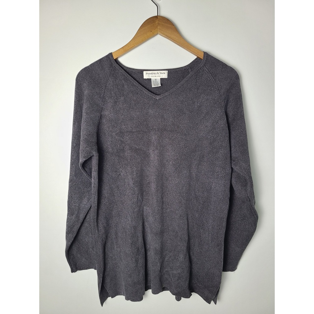 VTG Wm Med Premiere Silk Blend V-Neck Ribbed Sweater Gray Minimal Burnout Grunge